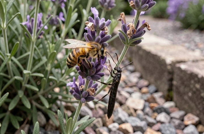 Gros plan d'une abeille butineuse et d'un perce-oreille sur une tige de lavande dans un jardin d'herbes aromatiques, illustrant la différence entre insectes utiles et nuisibles