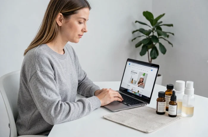 Femme achetant des produits Typology en ligne depuis son domicile, représentant le modèle de distribution directe sans Sephora