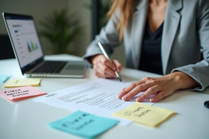 Femme adaptant son CV avec des mots-clés sectoriels bretons comme filière maritime et agroalimentaire, entourée de notes manuscrites