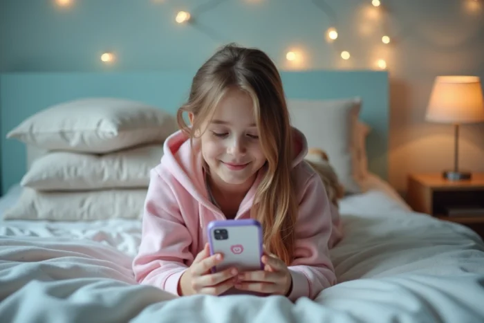 Adolescente allongée sur son lit consultant les demandes envoyées sur Instagram