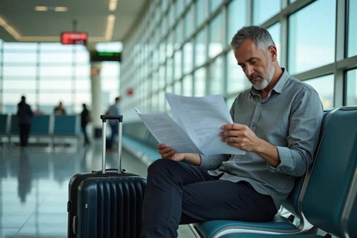 Voyageur vérifiant ses documents de voyage avant d'embarquer depuis l'aéroport de Gibraltar