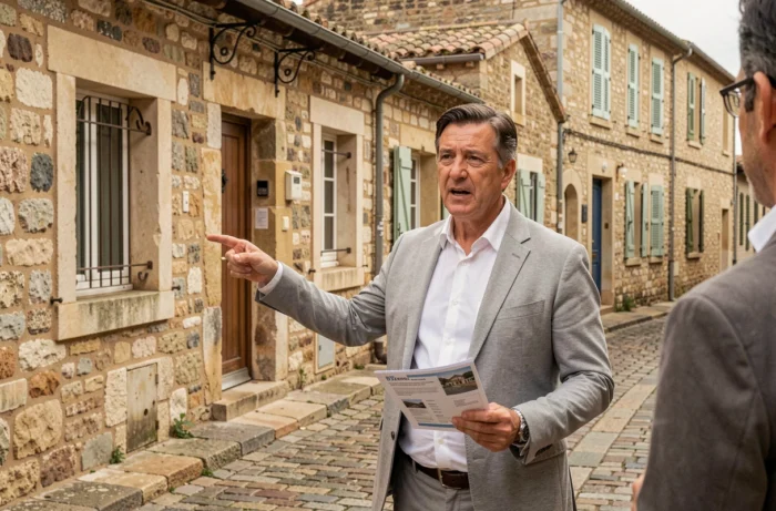 Agent immobilier présentant un bien ancien à vendre dans le centre historique de Pézenas