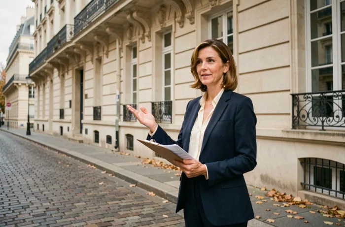 Agent immobilière devant un immeuble haussmannien parisien tenant des documents de vente