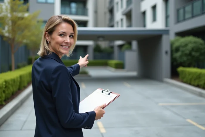 Agent immobilier présentant une place de parking en résidence dans une copropriété moderne