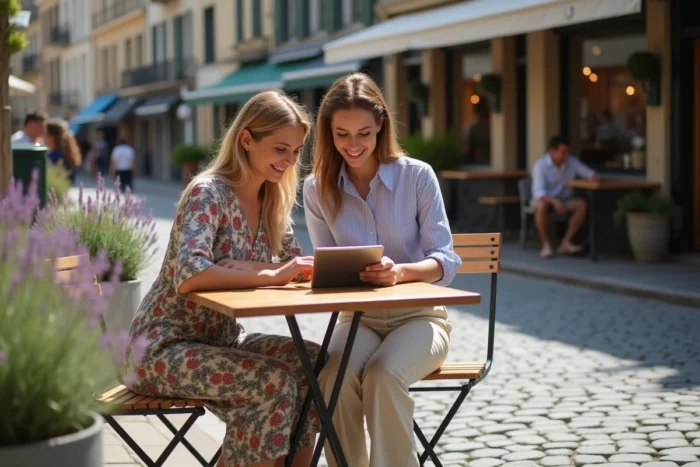 Deux amies qui comparent des articles en soldes sur une tablette dans un café parisien en terrasse, shopping mode Johanna Paris ensemble