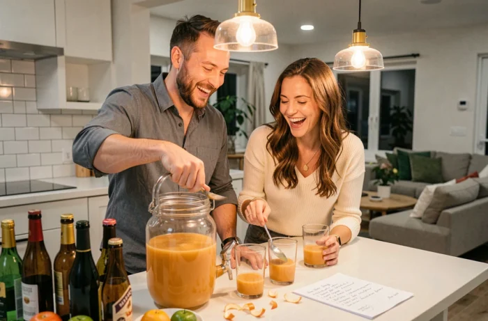 Deux amis qui se servent joyeusement une boisson festive préparée en grande quantité lors d'une soirée à la maison