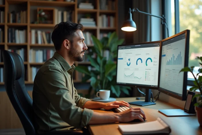 Homme analysant des données de communication digitale et des tableaux de bord marketing sur deux écrans dans un bureau à domicile
