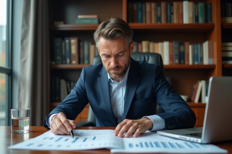 Homme d'affaires analysant des graphiques financiers dans un bureau professionnel moderne pour gérer ses investissements