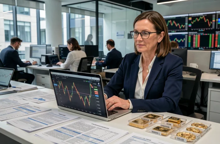 Analyste financière consultant des graphiques de prix de l'or sur un bureau de trading entouré de rapports de marché