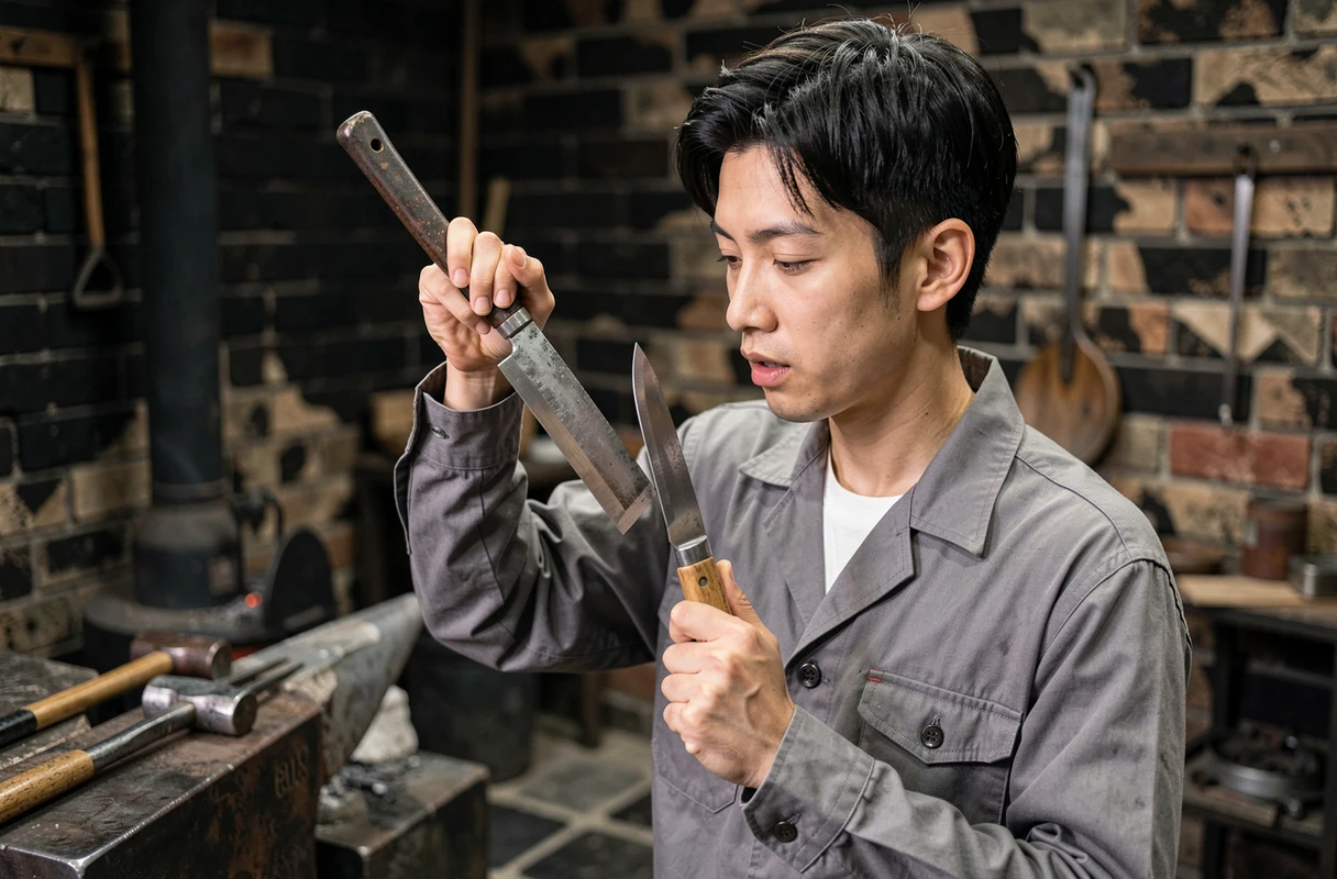 Jeune apprenti artisan japonais inspectant une ébauche de couteau forgée à la main dans un atelier de forge traditionnel