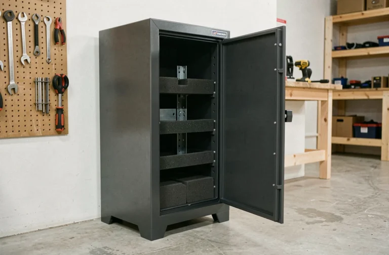 Armoire à fusil en métal gris foncé avec porte entrouverte dans un garage bien rangé