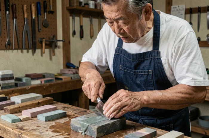 Artisan japonais expérimenté en train d'affûter un couteau traditionnel sur une pierre à eau dans un atelier authentique