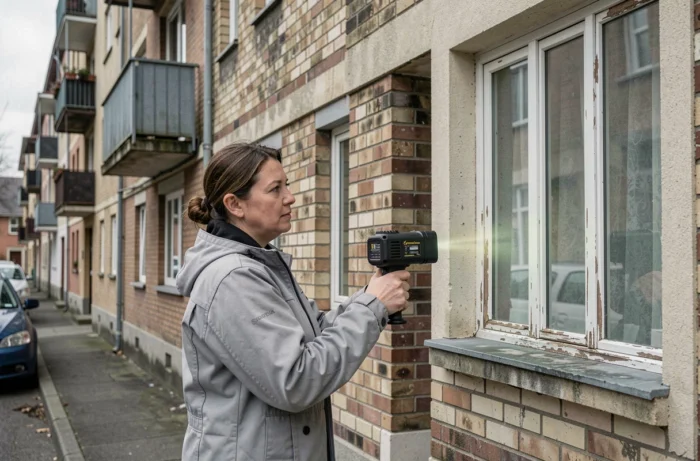 Auditrice énergétique inspectant la façade d'un immeuble de copropriété avec une caméra thermique professionnelle