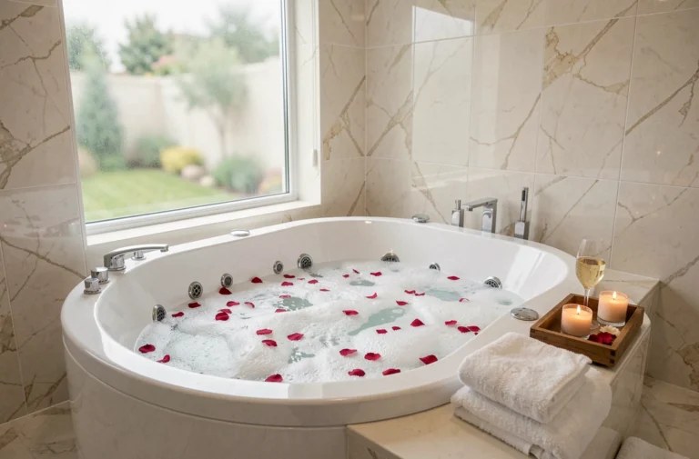 Baignoire balnéo double en acrylique blanc avec jets intégrés, pétales de roses et accessoires de spa dans une salle de bain en marbre