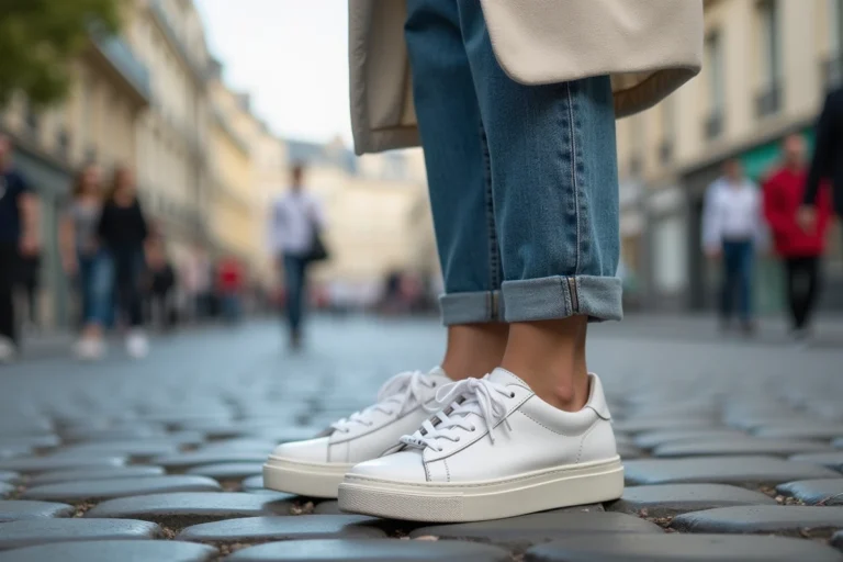 Femme portant des baskets blanches tendance avec un jean droit et un blazer crème dans une rue pavée parisienne