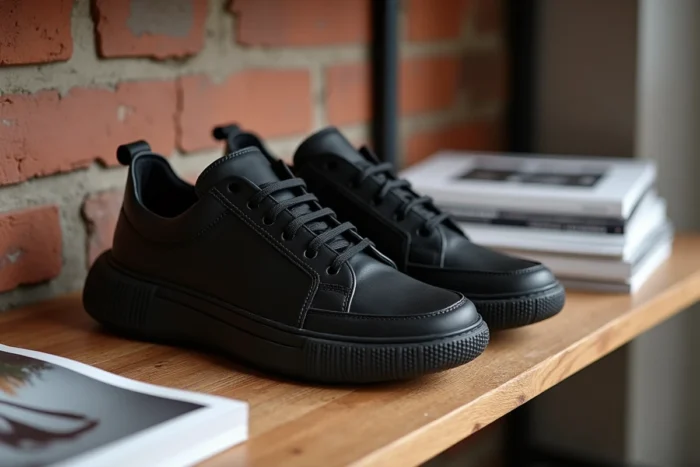 Paire de baskets en cuir noir minimaliste posée sur une étagère en chêne brut avec fond de brique apparente
