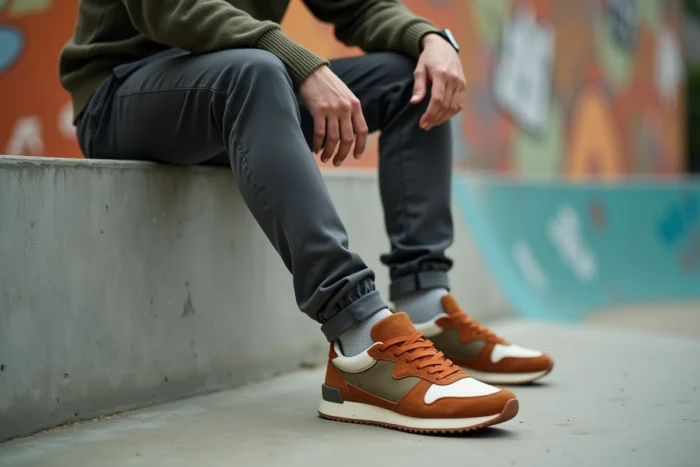 Homme en baskets rétro colorblock assis dans un skatepark urbain en béton avec chino charbon et col roulé