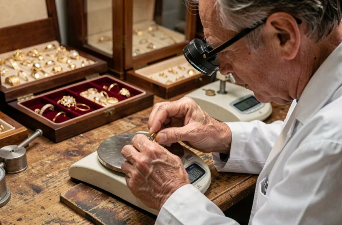 Bijoutier professionnel évaluant un anneau en or 9 carats sur une balance de précision dans un atelier traditionnel