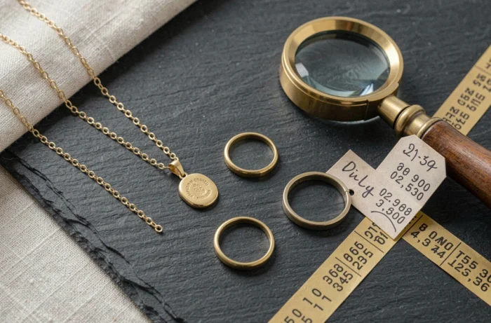 Bijoux en or 9 carats disposés sur ardoise avec un ticker de prix et une loupe, illustration de l'évaluation du marché de l'or