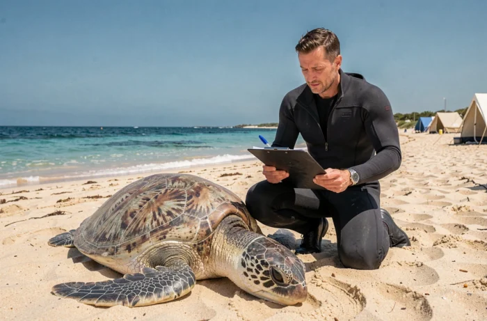 Biologiste marin étudiant une tortue caouanne sur une plage de recherche côtière