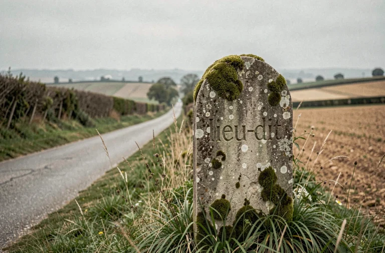 Borne en pierre gravée indiquant un lieu-dit en France, envahie par la mousse au bord d'un chemin rural