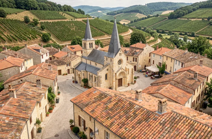 Vue panoramique d'un bourg français traditionnel autour de son église, avec toits en tuiles et rues pavées