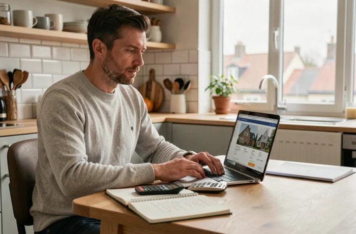 Homme calculant son budget immobilier sur ordinateur portable à la maison pour préparer son premier investissement
