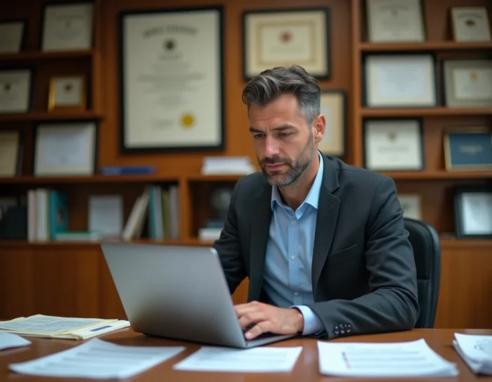 Chercheur CNRS en bureau administratif avec diplômes et documents de progression de carrière sur le bureau
