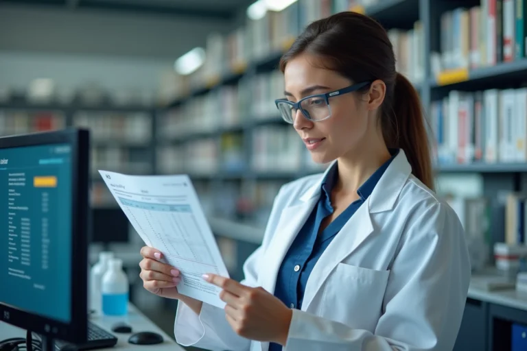 Chercheuse CNRS en blouse blanche consultant une grille de salaire dans un laboratoire universitaire moderne