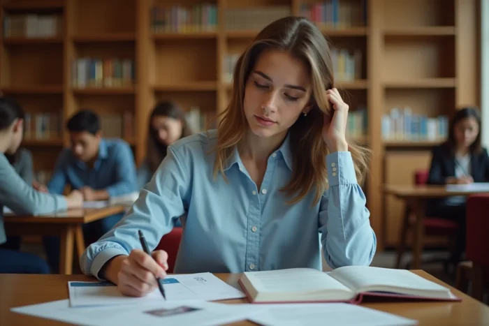 Jeune femme étudiant des brochures de formation dans une bibliothèque universitaire, prenant des notes pour choisir son avenir professionnel