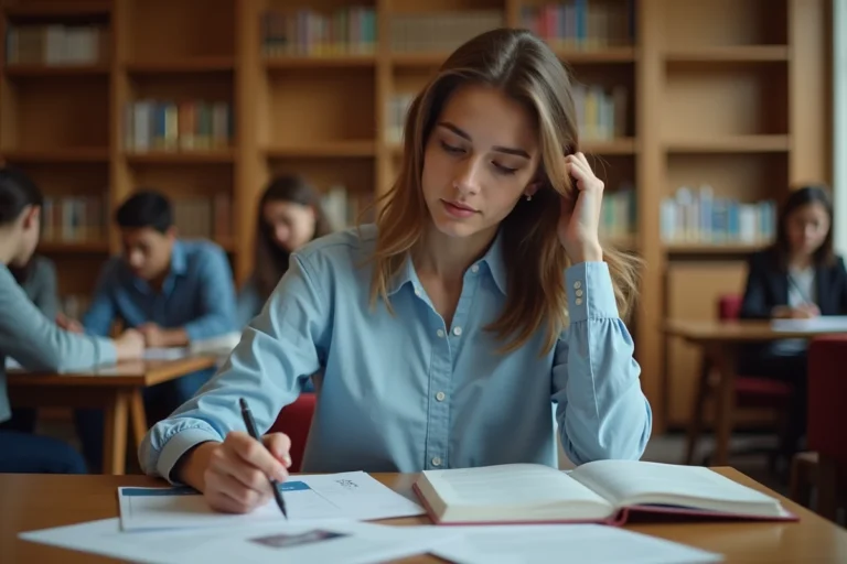 Jeune femme étudiant des brochures de formation dans une bibliothèque universitaire, prenant des notes pour choisir son avenir professionnel