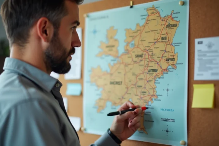 Homme ciblant un bassin d'emploi précis sur une carte de Bretagne épinglée à un tableau en liège dans un bureau