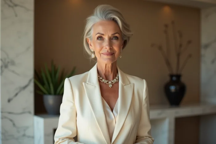 Femme élégante d'âge mûr en veste crème dans un intérieur luxueux, évoquant le style et la prestance d'une personnalité de la haute société