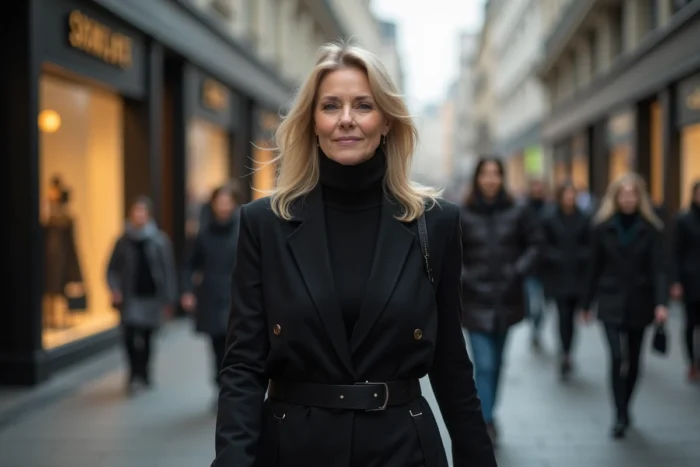 Femme sophistiquée marchant dans un quartier de la mode, rappelant la carrière de mannequin et l'élégance naturelle de Claudia Heffner Peltz