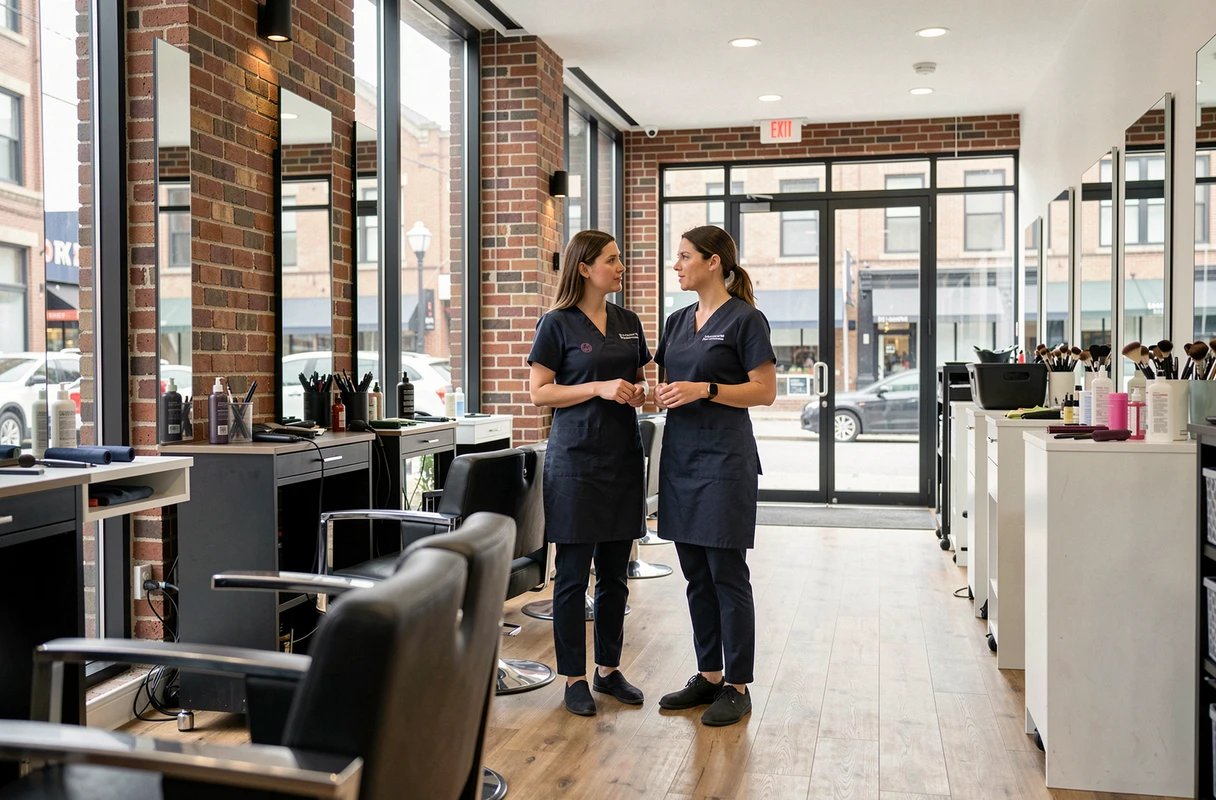 Deux coiffeuses discutant d'une situation professionnelle dans un salon de coiffure moderne