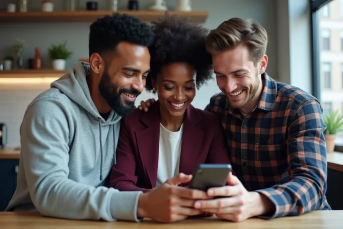 Groupe de collègues réagissant avec surprise à une actualité insolite sur un smartphone en salle de pause