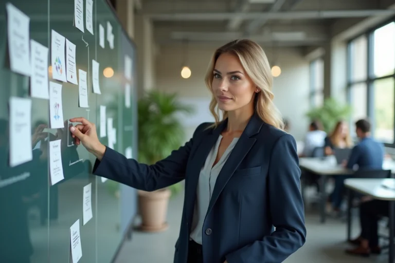 Femme professionnelle présentant une stratégie de communication digitale devant un tableau blanc dans un bureau moderne