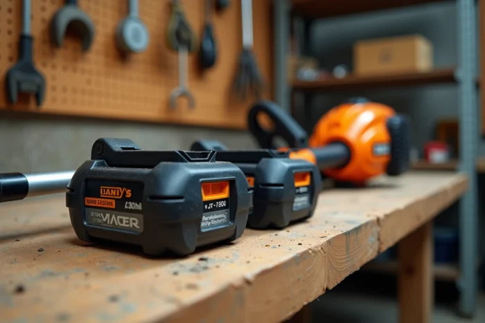 Gros plan sur les batteries et le moteur d'un coupe-bordure sans fil posé sur un établi, comparaison de puissances