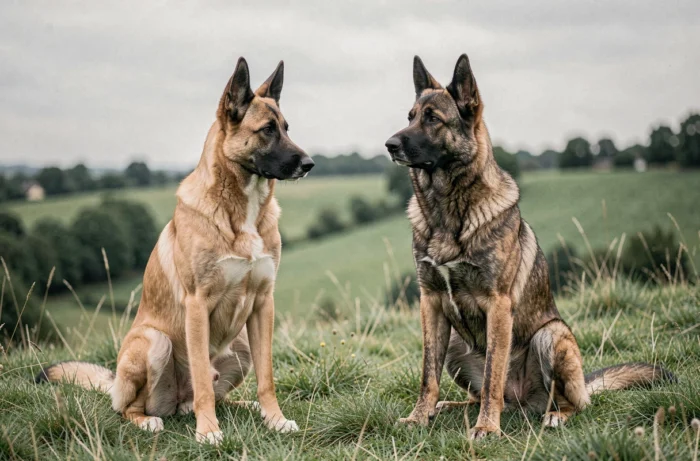 Malinois et berger hollandais assis côte à côte en plein air, comparaison des deux races de chiens de berger