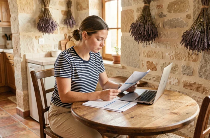 Femme comparant des offres de prêts immobiliers dans une maison typique de Pézenas