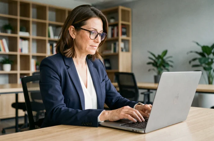 Une professionnelle se connecte à son espace personnel MyArkevia Leroy Merlin sur un ordinateur portable dans un bureau moderne