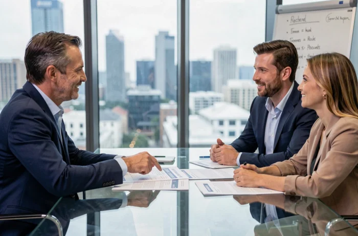 Consultant immobilier présentant un rapport de vérification d'entreprise à un couple dans une agence immobilière moderne