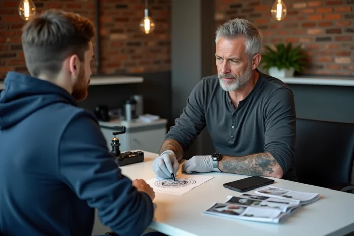 Tatoueur et client lors d'une consultation pour estimer le prix d'un tatouage dans un studio contemporain