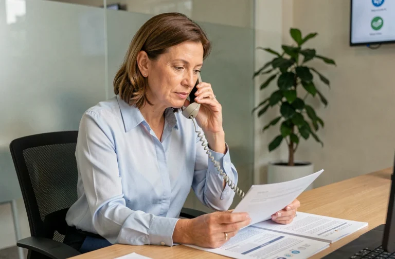Femme contacting une mutuelle santé par téléphone dans un bureau administratif en Isère