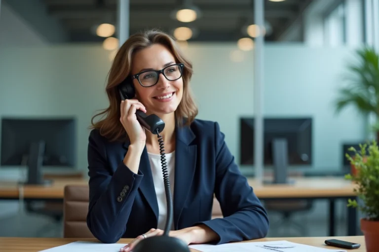 Femme professionnelle contactant le service client Crédit Foncier par téléphone depuis un bureau moderne
