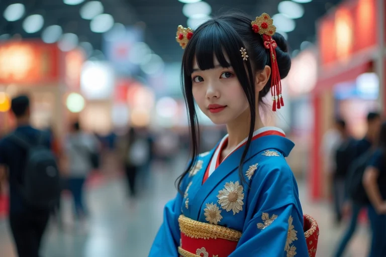Jeune femme en cosplay kimono bleu élaboré à la Japan Expo, costume anime fait main avec obi doré et accessoires traditionnels japonais