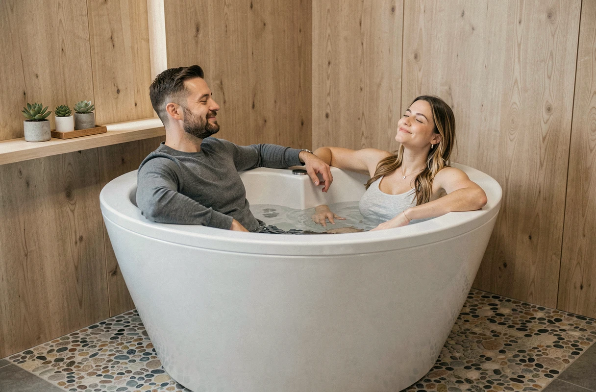 Couple détendu dans une baignoire balnéo double autoportante dans une salle de bain au style scandinave avec bois clair et plantes