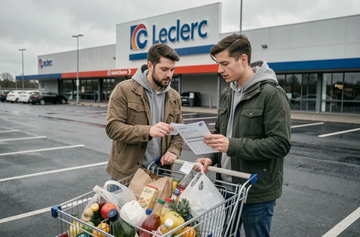 Couple vérifiant un chèque différé devant un hypermarché Leclerc avec leur caddie