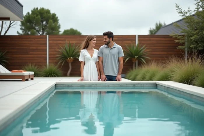 Couple évaluant la couleur d'une coque de piscine en fibre de verre gris marbré dans un jardin moderne minimaliste, illustrant le choix de teinte pour un résultat esthétique parfait