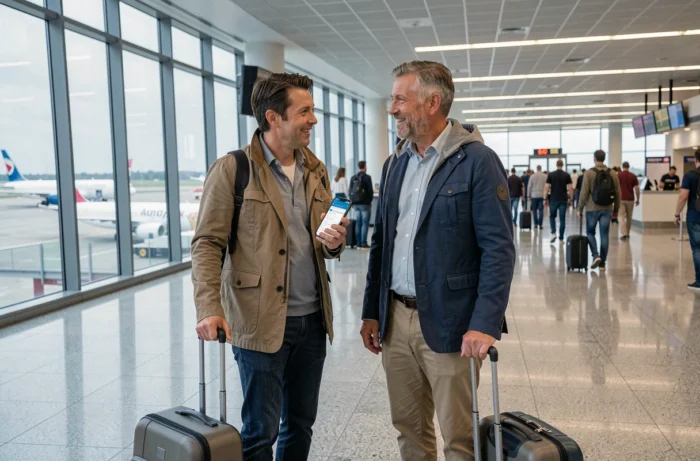 Couple comparant des offres d'assurance voyage sur smartphone dans un aéroport avant le départ